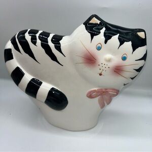 Vintage Albert E. Price Ceramic Cat Figurine 1991 Black & White Striped Pink Bow